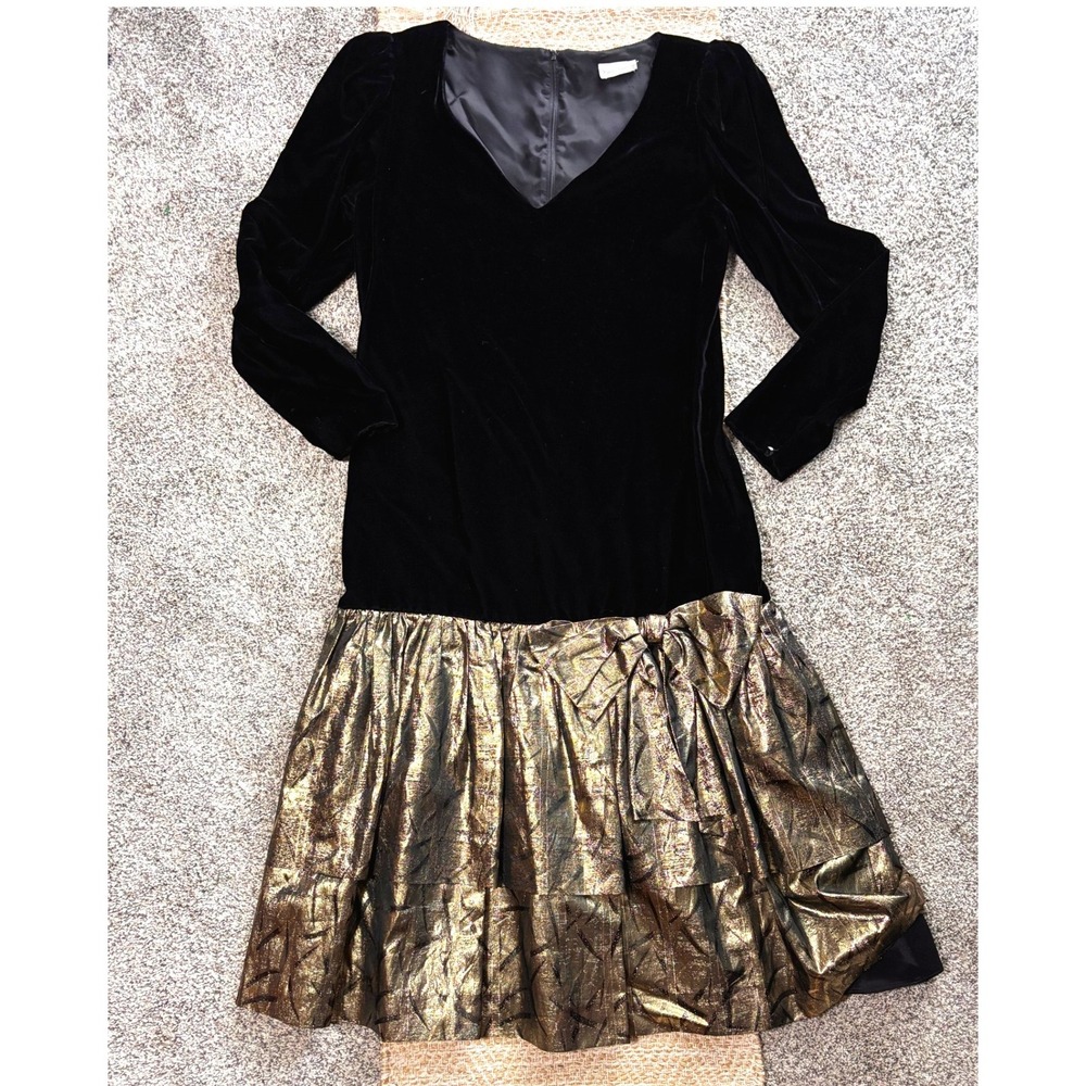 Vintage Neiman Marcus Black Velvet Gold Metallic Tiered Drop Waist Bow Dress